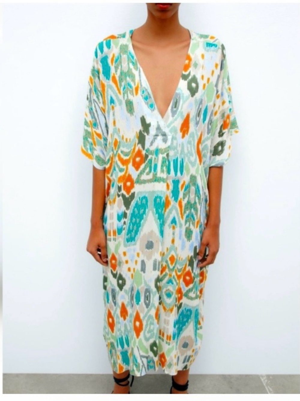 Zara Ikat-Print V-Neck Tunic Dress — Teal, Mustard & Olive
